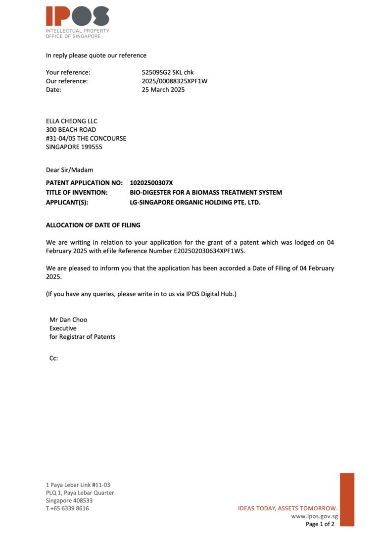 Patent Filing Notification – BIO-DIGESTER System